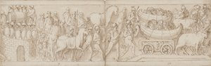 Die belagerten Römer erhalten Verstärkung von der anderen Seite (Ende von CIX, CX), die Römer marschieren mit dem Kaiser; Schilde in Booten werden auf Ochsenkarren über eine Brücke gezogen von Giovanni Guerra