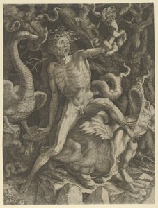 Wut personifiziert als alter Mann, der ein Monster reitet und einen Schädel in der linken Hand hält, ca. 1520-39 von Giovanni Jacopo Caraglio