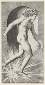 Apollo fährt seinen Wagen in einer Nische, nach rechts gewandt, aus einer Serie von mythologischen Darstellungen von Giovanni Jacopo Caraglio