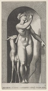 Tafel 12: Diana steht in einer Nische, dreht sich nach links und zieht einen Pfeil heraus von Giovanni Jacopo Caraglio