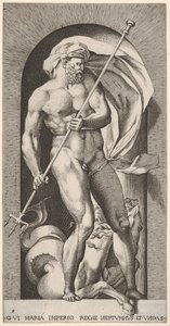 Tafel 5: Neptun steht in einer Nische und hält einen Dreizack, mit einem Hippocampus-See-Pferd, 1526 von Giovanni Jacopo Caraglio