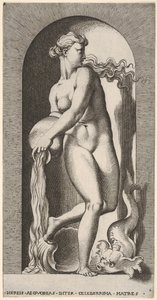 Platte 6: Thetis steht in einer Nische mit einer Muschel und einem Meereswesen und gießt Wasser aus, 1526 von Giovanni Jacopo Caraglio