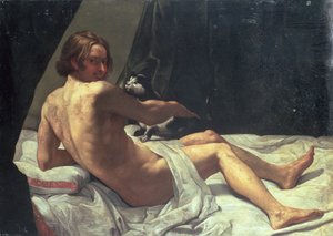 Junger Mann liegt mit einer Katze auf einem Bett, 1620 von Giovanni Lanfranco