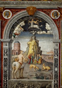 Sternzeichen: „Der Schütze“ Oben Medaillons mit Porträts der Kaiser Didius Julianus und Commodus. Unten, Legende, die mit der Geburt des Sternbildes verbunden ist, das dem Zeichen entspricht: Ansicht des Berges Helikon mit den Quellen Aganippe und Hippokre