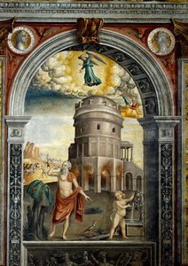 Sternzeichen: „Die Jungfrau“ Oberes Medaillon mit Porträts der Kaiser Titus und Domitian. Unten, Legende zur Geburt der Konstellation, die dem Zeichen entspricht: ein Mann trinkt vor dem Mausoleum von Theoderich in Ravenna. F von Giovanni Maria Falconetto