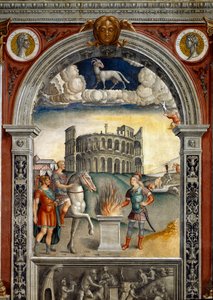 Sternzeichen: „Der Widder“ Oben Medaillons mit Porträts von Julius Caesar und Augustus. Unten, Legende zur Entstehung der Konstellation des Zeichens: Caius Mucius Scaevola im feindlichen Lager des etruskischen Königs