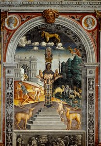 Sternzeichen: „Der Löwe“ Oberes Medaillon mit Porträts der Kaiser Vitellius und Vespasian. Unten, Legende zur Geburt der Konstellation, die dem Zeichen entspricht: die Göttin Artemis von Ephesos. Fresko zugeschrieben Giovanni Mar von Giovanni Maria Falconetto