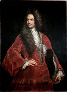 Porträt eines Gentlemans im roten Kostüm Gemälde von Giovanni Maria Delle Piane, genannt il Mulinaretto (1660-1745) Genua, Musei di Strada Nuova