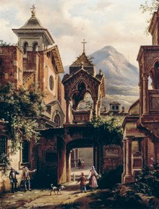 Außenansicht einer alten Abtei mit Personen von Giovanni Migliara