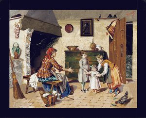 Bildplatte, die eine Hüttenszene mit Mutter, zwei jungen Mädchen und einem Kleinkind zeigt, das seine ersten Schritte macht, Florenz, ca. 1900-10 von Giovanni Montelatici