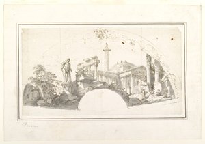 Entwurf für einen Fächer: Capriccio mit römischen Ruinen und dem Farnese-Herkules von Giovanni Paolo Panini