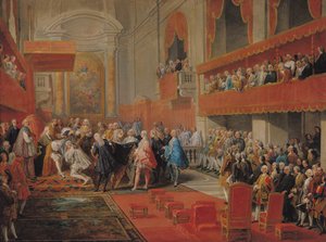 Verleihung des Ordens des Heiligen Geistes an Prinz Vaini durch Paul-Hippolyte de Beauvillers (1684-1776), Herzog von Saint-Aignan, 1732, ca. 1752 von Giovanni Paolo Pannini