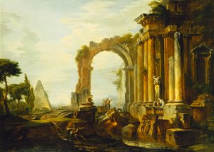 Ein Capriccio klassischer Ruinen mit der Pyramide von Cestius und Figuren in einer Landschaft von Giovanni Paolo Pannini