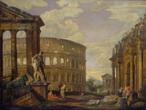 Landschaft mit Herkules und Ruinen des antiken Rom von Giovanni Paolo Panini von Giovanni Paolo Pannini