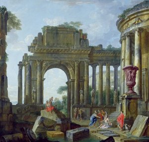 Römische Ruinen mit dem blinden Belisarius von Giovanni Paolo Pannini