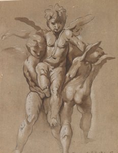 Zwei Putti tragen einen dritten Putti (recto); Ein Jüngling mit einem Stab (verso) von Giovanni Pietro Possenti