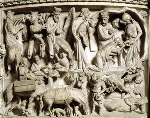 Detail der Reliefs des Stuhls von Giovanni Pisano: Die Reise und die Anbetung der Heiligen Drei Könige (Detail der Reliefs des Marmorpults) von Giovanni Pisano