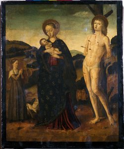 Madonna mit Kind, St. Sebastian und einer Schäferin von Giovanni Santi or Sanzio