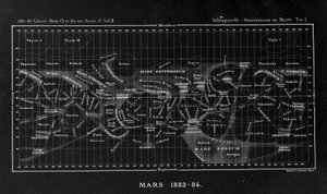 Karte des Planeten Mars von Giovanni Virginio Schiaparelli (1835-1910) Astrophysiker. Er beobachtete geradlinige Konfigurationen auf dem Planeten Mars, die er die Marskanäle (canali) nannte. 1883-1884