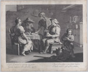 Drei Personen sitzen um einen Tisch, während ein Mann einen leeren Teller bringt... von Giovanni Volpato