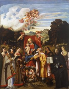 Madonna auf dem Thron mit Engeln, St. Apollonia, St. Augustinus, St. Katharina, St. Joseph, St. Grata, St. Philipp Benizzi und St. Barbara (St. Gotthard Altarbild) von Giovanni de Busi Cariani