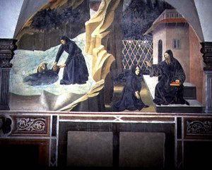 Der heilige Benedikt schickt Mauro, um den ertrinkenden Placidus aus dem See zu retten (Detail aus dem Freskenzyklus des Lebens des heiligen Benedikt aus dem Chiostro degli Aranci (Orangenkloster), ca. 1430er Jahre) von Giovanni di Consalvo (attr. to)