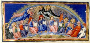 Paradiso, Canto X. Beatrice und Dante schweben neben dem Himmel der Sonne und treffen auf diejenigen, die für ihre Weisheit bekannt sind. Sie werden von St. Thomas von Aquin mit Albertus Magnus begrüßt. Unten sitzen zehn Vertreter der Weisheit; Bede, St. A von Giovanni di Paolo