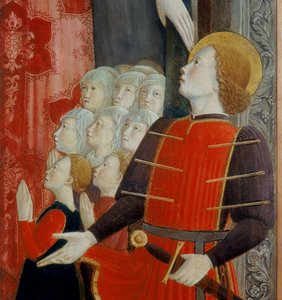 Detail von St. Sebastian, Madonna della Misericordia mit St. Venantius und St. Sebastian, 1463 von Girolamo Giovanni