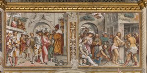 Zentrales Schiff, fünfter südlicher Spann, Christus vor Pilatus, Geißelung Christi, Jerome Romanino von Girolamo Romanino