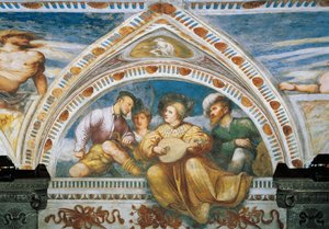Mandolinenspieler, Detail der Fresken von Girolamo Romanino, im Auftrag von Bernardo Clesio von Girolamo Romanino