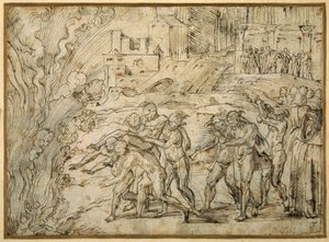 Der Scheiterhaufen vor Hannibals Truppen beim Fall von Saguntum von Girolamo Romanino