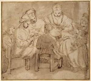 Frauen und Mädchen sitzen um einen Tisch und nähen von Girolamo Romanino