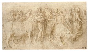 Priester führen einen Stier, einen Widder und ein Wildschwein zu einem Altar, nach dem Antiken von Girolamo da Carpi