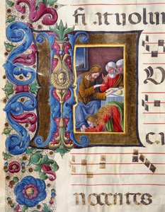 Illuminierte Initiale, die Maria Magdalena zu Füßen Jesu darstellt. Miniatur von Girolamo da Cremona (aktiv um 1451-1483) und Liberale da Verona (1445-1529) aus einem Chorbuch (Cod. 22/7. c.15v) aus der Kathedrale von Siena. 15. Jahrhundert von Girolamo da Cremona