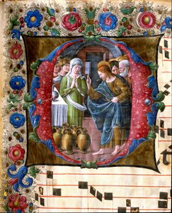 Dekorierter Buchstabe, der die Hochzeit zu Kana darstellt, Miniatur von Girolamo da Cremona und Liberale da Verona aus einem Chorbuch der Kathedrale von Siena