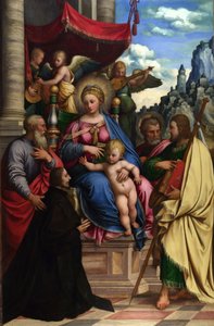 Die Madonna und das Kind mit Engeln, Heiligen und einem Stifter von Girolamo da Treviso the Younger