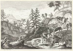 Berglandschaft mit Reitern, die Pferde bergab führen von Giuliano Giampiccoli