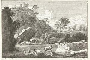Landschaft mit zwei Hirten und Vieh am Wasser