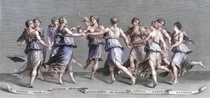 Apollo tanzt mit seinen neun olympischen Musen von Giulio (after) Romano
