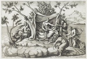 Latona gebiert Apollo und Diana, graviert von Diana Mantovana, nach 1575 von Giulio (after) Romano
