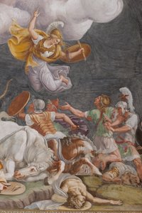 Eine Schlacht, Detail, Das Trojanische Pferd, Kammer von Troja (Sala di Troia) von Giulio (and workshop) Romano