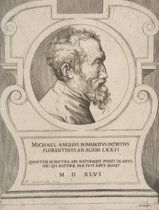 Büste von Michelangelo nach rechts gewandt, in einer Kartusche, 1546 von Giulio Bonasone