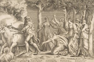 Herkules vertreibt das Vieh des Geryon, rechts sind die Nymphen der Hesperiden, 1531-76