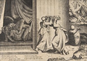 Judith übergibt das Haupt des Holofernes ihrer Dienerin, der enthauptete Holofernes im Hintergrund, 1531-76