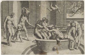 Männer und Frauen in großer Badewanne von Giulio Bonasone