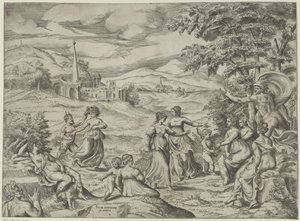 Merkur erzählt die Geschichte von Pan und Syrinx von Giulio Bonasone