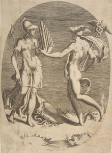 Merkur überreicht Minerva eine Panflöte, die links steht, eine ovale Komposition
