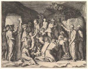 Moses sagt den Israeliten, sie sollen das Manna sammeln und Moses schlägt den Felsen von Giulio Bonasone