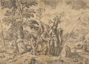 Die Rast auf der Flucht nach Ägypten, Joseph rechts, die Jungfrau hält das Christuskind, 1531-76 von Giulio Bonasone