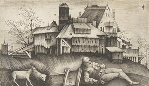 Der alte Schäfer liegt in einer Landschaft, Gebäude im Hintergrund, eine Ziege und ein Schaf, ca. 1500-1515